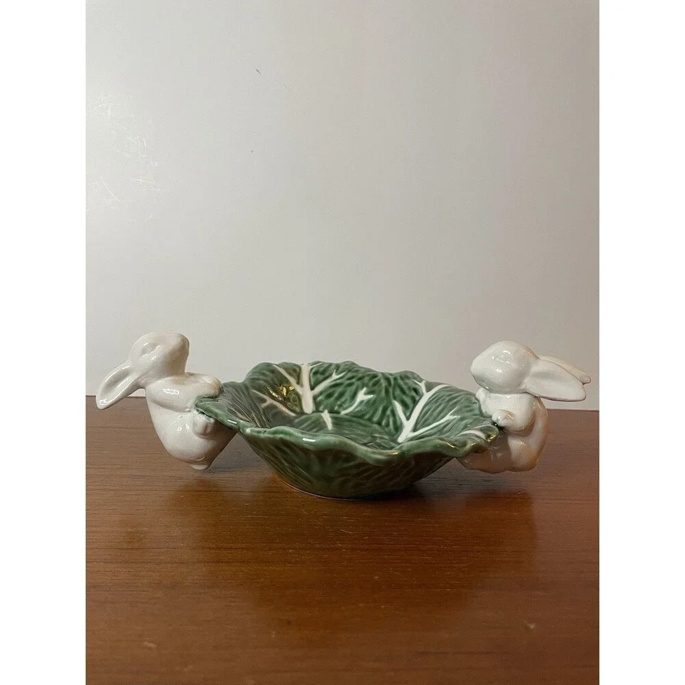 NEW- Maxcera, EASTER Bunny Rabbits Cabbage Green White Ceramic Candy Bowl Decor